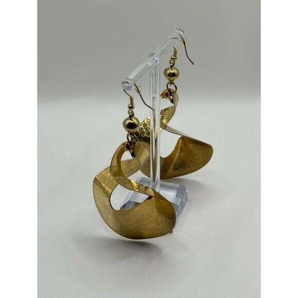 Gold-Tone Spiral Dangle Earrings With Textured Hammered Design - Picture 5 of 6